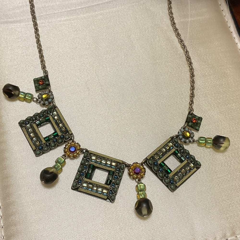 Ayalabar Green and Gold Square Pendant Necklace with Beaded Drops